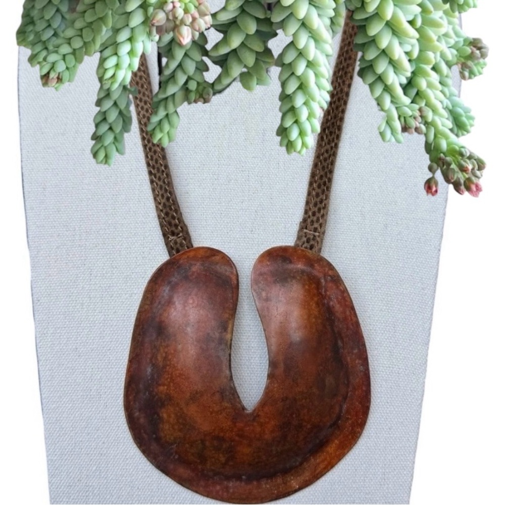 Statement Sculptural Copper Brown Enamel Metal Collar Necklace on Suede Tie